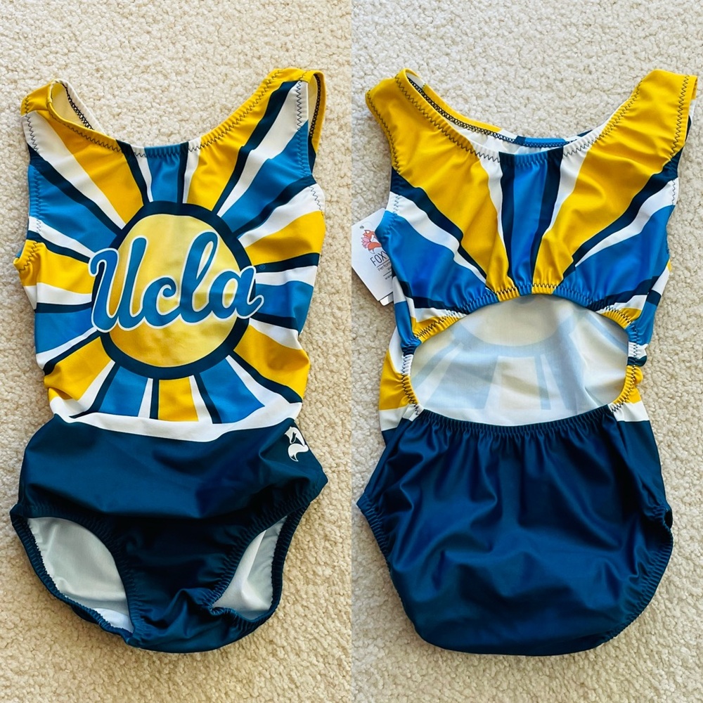 NWT Foxy’s UCLA Bruins Yellow Blue College Gymnastics Leotard Child & Adult